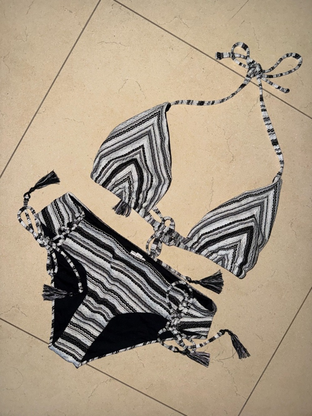BECCA Black & White Striped Triangle Bikini Set